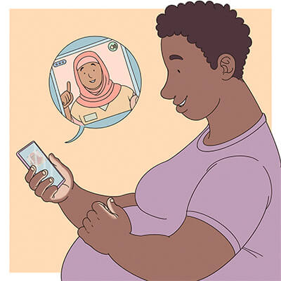 Illustration av en gravid person som har ett videosamtal i mobilen.