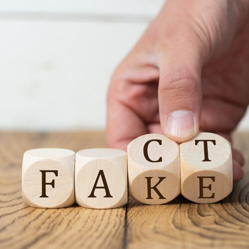 En hand vänder på träklossar med bokstäverna FACT, vilket avslöjar ordet FAKE.