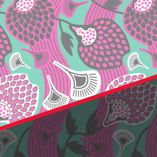 Kitengemönster i rosa och turkost.